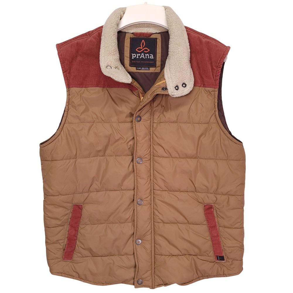 Prana Mens Quilted Puffer Vest Tan Brown Corduroy Trim Sherpa Collar XL